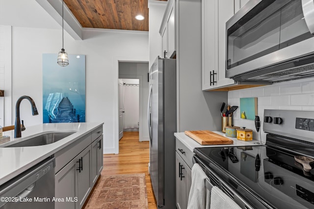 224 Village Trl, Dadeville, AL 36853 - kitchen featuring stainless steel appliances, a sink, light countertops, hanging light fixtures, and light wood-style flooring