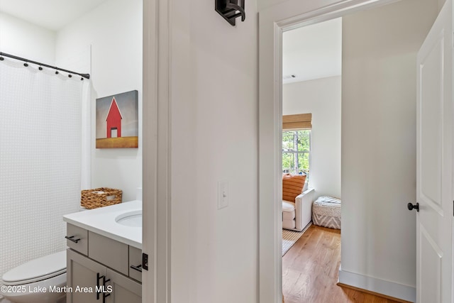 224 Village Trl, Dadeville, AL 36853 - full bathroom featuring toilet, vanity, wood finished floors, and a shower with curtain