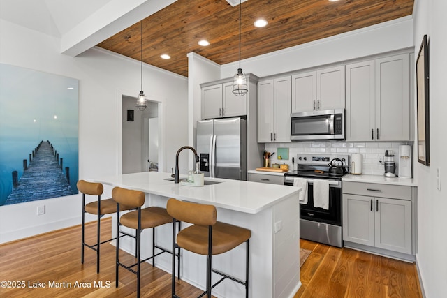 224 Village Trl, Dadeville, AL 36853 - kitchen with stainless steel appliances, a sink, gray cabinets, wooden ceiling, and a kitchen breakfast bar