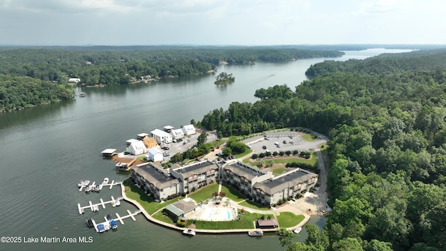 bird's eye view featuring a wooded view and a water view