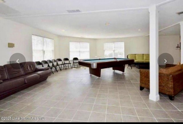game room with light tile patterned floors, visible vents, and pool table