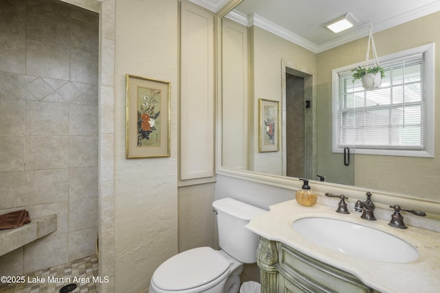 1751 Clubview Dr, Alexander City, AL 35010 - bathroom with vanity, crown molding, a textured wall, and tiled shower