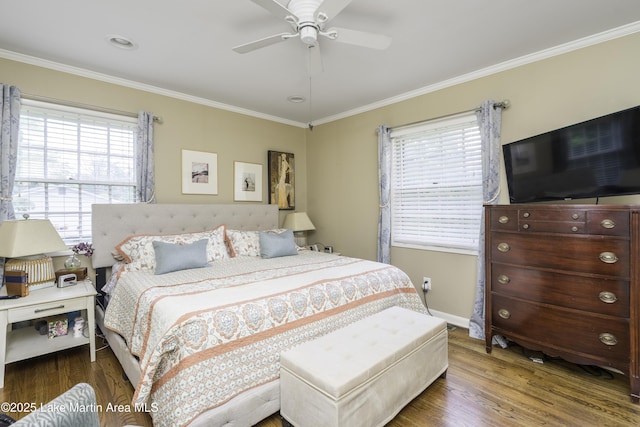 1751 Clubview Dr, Alexander City, AL 35010 - bedroom with crown molding, multiple windows, wood finished floors, and a ceiling fan