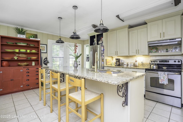 1751 Clubview Dr, Alexander City, AL 35010 - kitchen featuring stainless steel appliances, open shelves, light tile patterned flooring, ornamental molding, and cream cabinetry