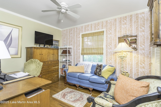 1751 Clubview Dr, Alexander City, AL 35010 - office with crown molding, wood finished floors, wallpapered walls, and a ceiling fan
