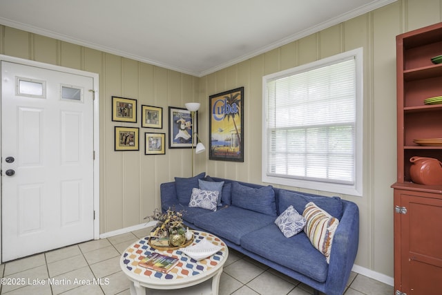 1751 Clubview Dr, Alexander City, AL 35010 - living room with crown molding, plenty of natural light, light tile patterned flooring, and a decorative wall