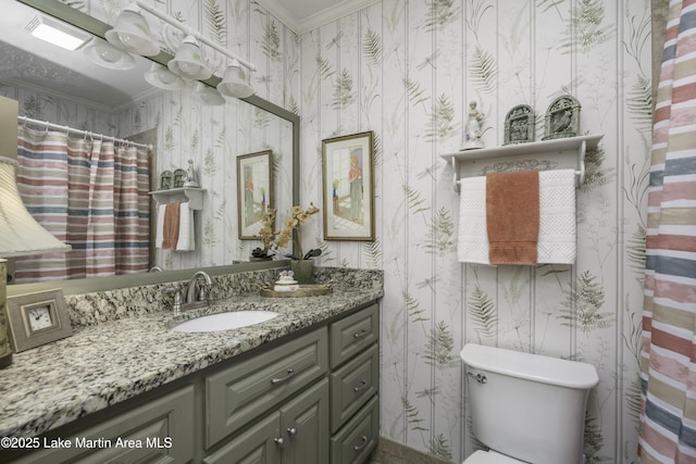 1751 Clubview Dr, Alexander City, AL 35010 - full bath with wallpapered walls, vanity, and ornamental molding