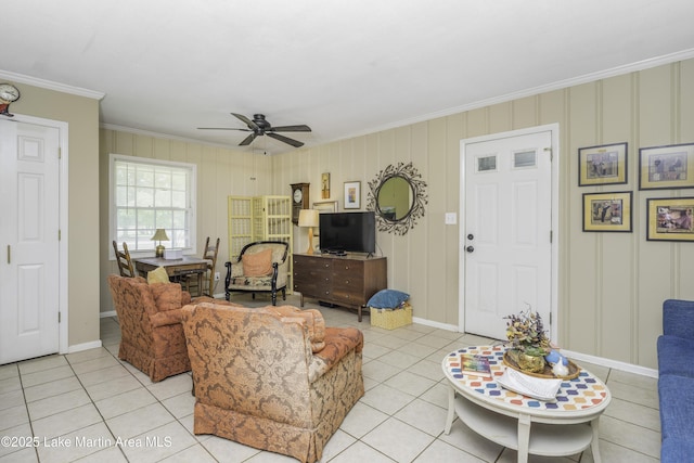1751 Clubview Dr, Alexander City, AL 35010 - living area featuring crown molding, light tile patterned flooring, and a ceiling fan
