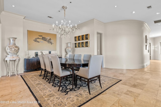 1020 Wake Robin, Eclectic, AL 36024 - dining room with a chandelier, visible vents, ornamental molding, and recessed lighting
