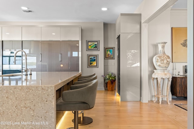 1020 Wake Robin, Eclectic, AL 36024 - kitchen featuring visible vents, modern cabinets, light stone counters, a sink, and light wood-style flooring