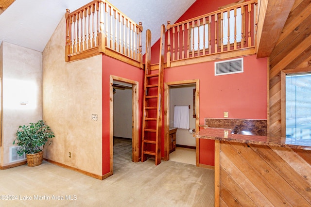 interior space with carpet and high vaulted ceiling