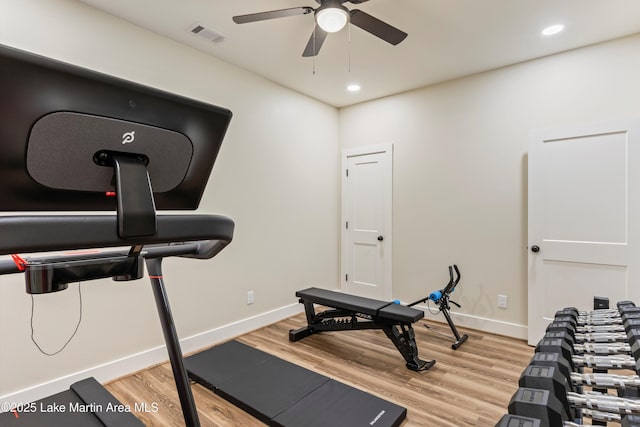 2082 River Oaks Dr, Jacksons Gap, AL 36861 - workout room featuring ceiling fan, wood finished floors, and recessed lighting