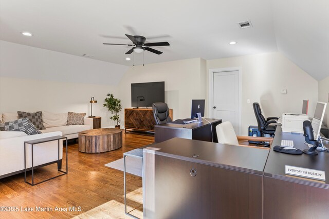 2082 River Oaks Dr, Jacksons Gap, AL 36861 - office featuring lofted ceiling, a ceiling fan, wood finished floors, and recessed lighting