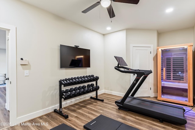 2082 River Oaks Dr, Jacksons Gap, AL 36861 - exercise room featuring wood finished floors, ceiling fan, and recessed lighting