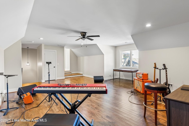2082 River Oaks Dr, Jacksons Gap, AL 36861 - game room with wood finished floors, a ceiling fan, recessed lighting, and lofted ceiling