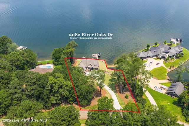 2082 River Oaks Dr, Jacksons Gap, AL 36861 - aerial perspective of suburban area featuring a large body of water and property parcel outlined