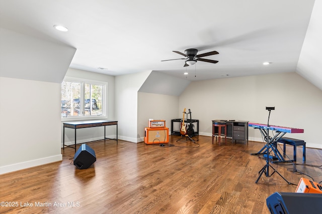2082 River Oaks Dr, Jacksons Gap, AL 36861 - playroom featuring vaulted ceiling, recessed lighting, wood finished floors, and a ceiling fan