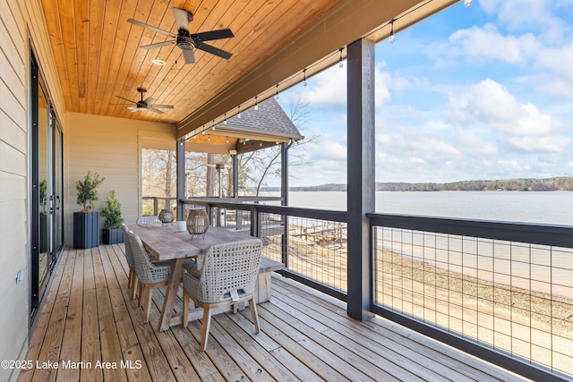 2082 River Oaks Dr, Jacksons Gap, AL 36861 - wooden deck featuring a water view, ceiling fan, and outdoor dining space