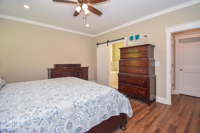 120 Rocky Creek Dr, Alexander City, AL 35010 - bedroom with a barn door, ornamental molding, dark wood finished floors, recessed lighting, and a ceiling fan