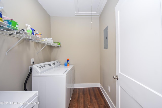 120 Rocky Creek Dr, Alexander City, AL 35010 - washroom with attic access, washing machine and clothes dryer, dark wood finished floors, and electric panel
