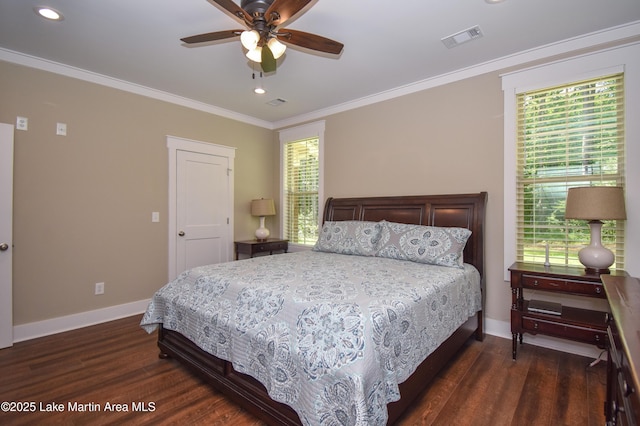 120 Rocky Creek Dr, Alexander City, AL 35010 - bedroom featuring dark wood finished floors, crown molding, multiple windows, recessed lighting, and ceiling fan