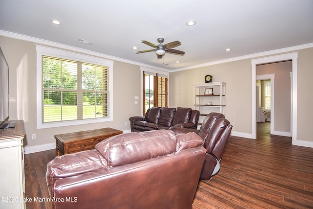 120 Rocky Creek Dr, Alexander City, AL 35010 - living area featuring crown molding, dark wood-type flooring, ceiling fan, and recessed lighting