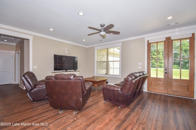 120 Rocky Creek Dr, Alexander City, AL 35010 - living area with french doors, dark wood-type flooring, ceiling fan, recessed lighting, and crown molding