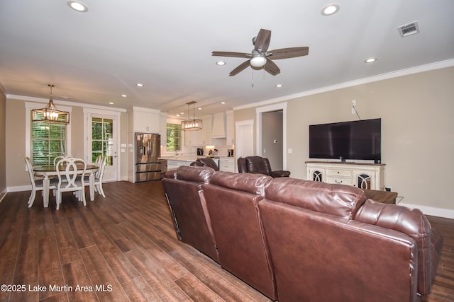 120 Rocky Creek Dr, Alexander City, AL 35010 - living area with recessed lighting, a ceiling fan, crown molding, and dark wood-type flooring