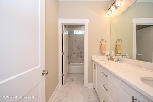 120 Rocky Creek Dr, Alexander City, AL 35010 - full bathroom featuring marble look tile flooring, double vanity, and tub / shower combination