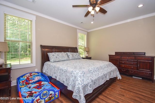 120 Rocky Creek Dr, Alexander City, AL 35010 - bedroom with multiple windows, wood finished floors, ornamental molding, recessed lighting, and a ceiling fan