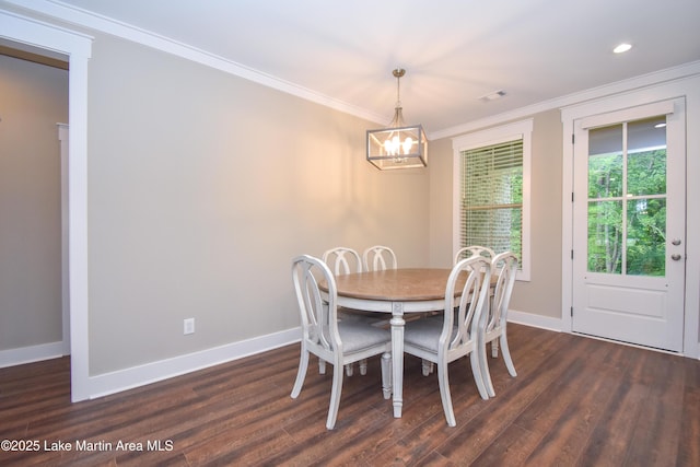 120 Rocky Creek Dr, Alexander City, AL 35010 - dining space featuring a chandelier, crown molding, dark wood finished floors, and recessed lighting