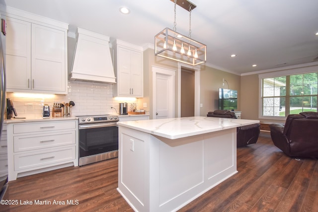 120 Rocky Creek Dr, Alexander City, AL 35010 - kitchen featuring stainless steel electric stove, custom exhaust hood, open floor plan, dark wood-style flooring, and white cabinetry