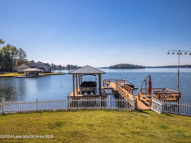 dock area featuring a water view and a lawn