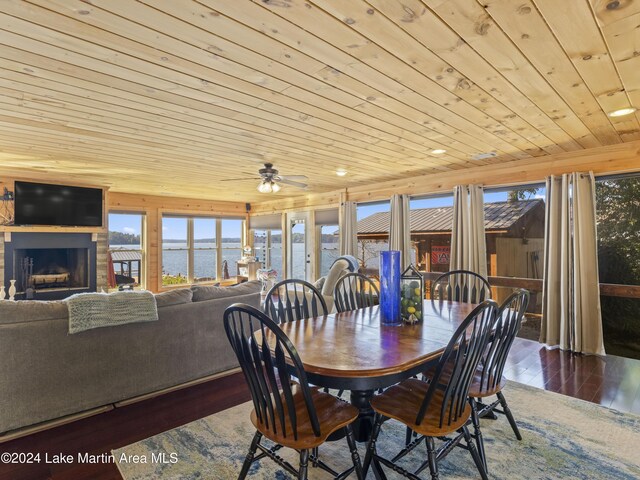 dining space with hardwood / wood-style floors, a wealth of natural light, wooden ceiling, and a fireplace