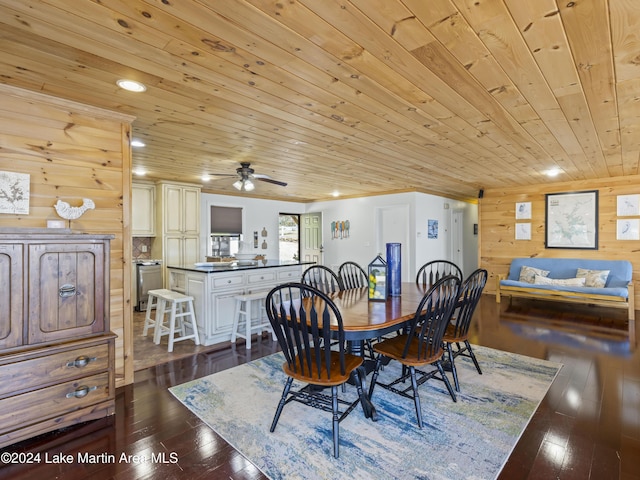 dining area featuring dark hardwood / wood-style flooring, ornamental molding, wooden walls, and wooden ceiling