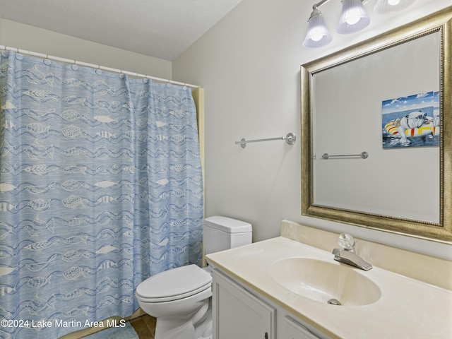 bathroom featuring vanity, a shower with curtain, and toilet