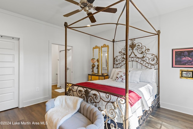 bedroom featuring ceiling fan, wood-type flooring, and ornamental molding