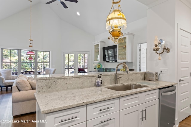 kitchen with dark hardwood / wood-style flooring, white cabinetry, stainless steel dishwasher, and sink