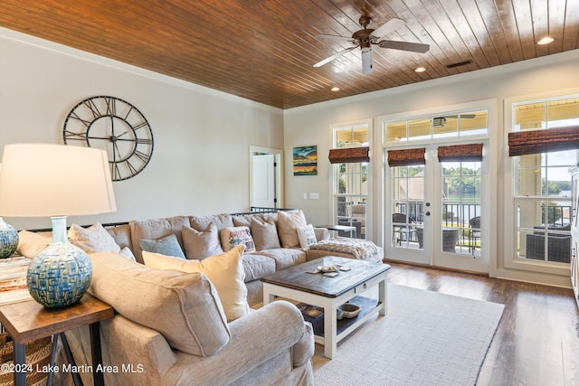 living room featuring hardwood / wood-style flooring, wooden ceiling, ceiling fan, and french doors