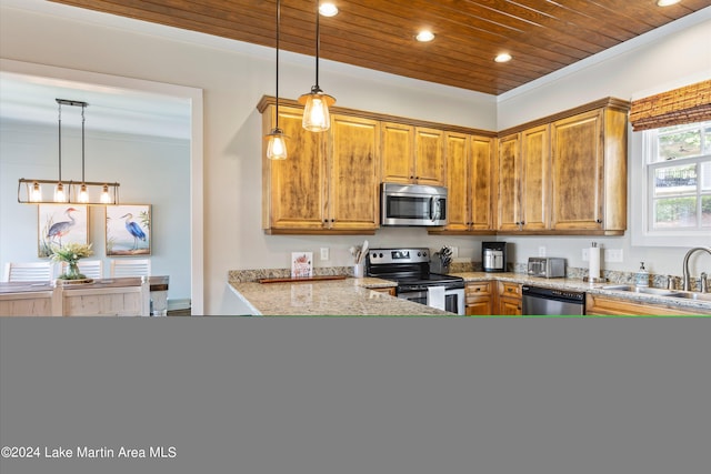 kitchen with wood ceiling, appliances with stainless steel finishes, sink, and decorative light fixtures