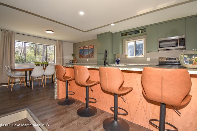 kitchen with dark wood-style floors, plenty of natural light, stainless steel appliances, and a sink
