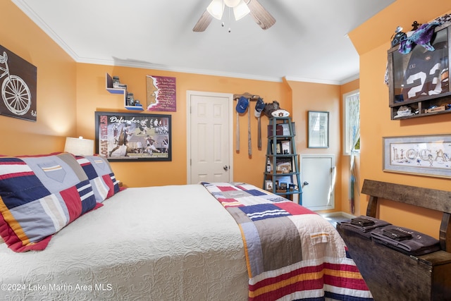 bedroom featuring ceiling fan and ornamental molding