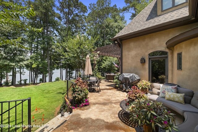 view of patio / terrace featuring an outdoor hangout area, a pergola, and a grill