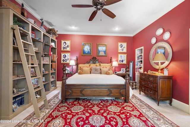 bedroom with ceiling fan, light colored carpet, and ornamental molding