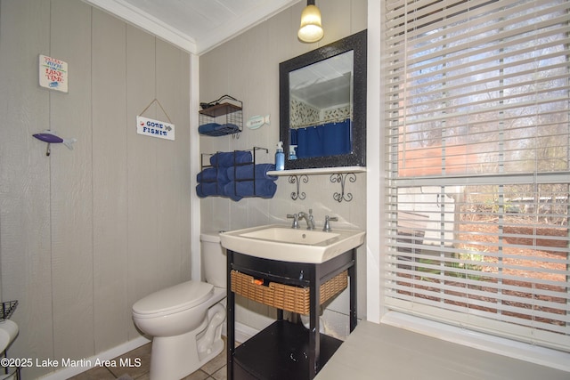 bathroom with crown molding, a shower with shower curtain, vanity, and toilet