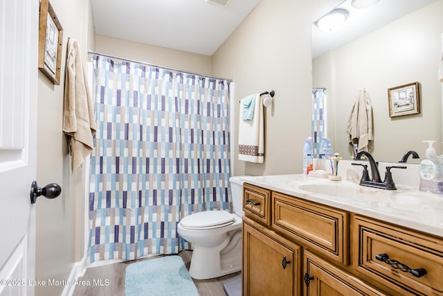 bathroom with toilet, wood finished floors, vanity, and a shower with shower curtain