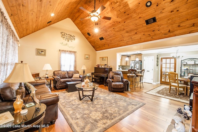 living room with wood ceiling, light wood finished floors, high vaulted ceiling, and ceiling fan with notable chandelier