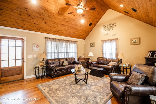 living room with wood ceiling, ceiling fan, a healthy amount of sunlight, and visible vents