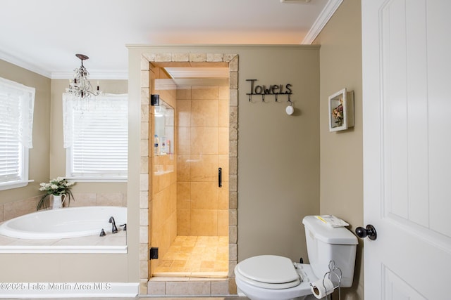 full bath with a chandelier, toilet, a stall shower, a garden tub, and crown molding