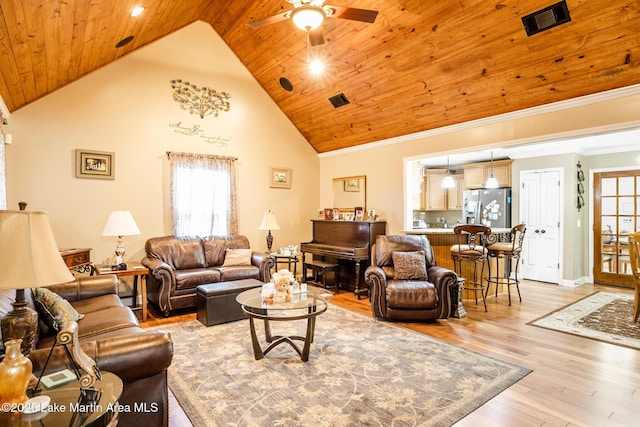 living area featuring light wood-style flooring, visible vents, a healthy amount of sunlight, wooden ceiling, and a ceiling fan
